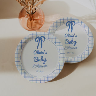 Hand Drawn Blue Gingham Bow Baby Shower Paper Plate