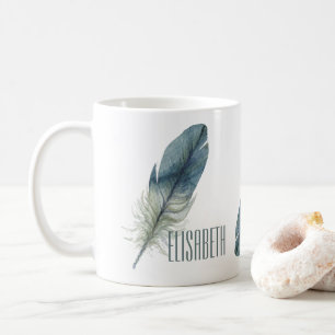 Hand drawn blue grey watercolor feather coffee mug