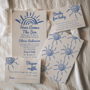 Hand Drawn Blue Here Comes The Son Sun Baby Shower Invitation
