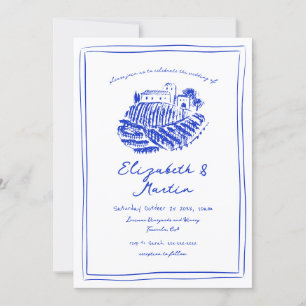 Hand Drawn Blue Italian Vineyard Wedding Invitation