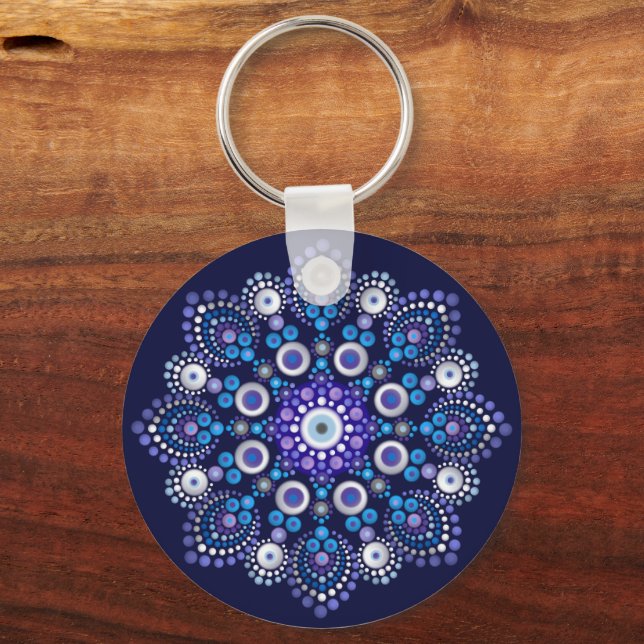 Hand Drawn Blue Jewel Dot Mandala Key Ring (Front)