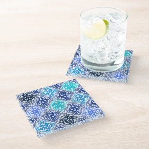 Hand Drawn Blue Moroccan Tile Pattern Glass Coaster