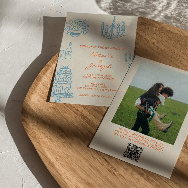 Hand Drawn Blue Orange Photo QR Code Wedding Invitation (Creator Uploaded)