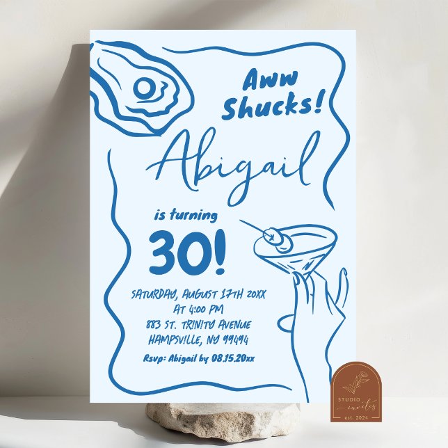 Hand Drawn Blue Oyster Cocktail Adult Birthday Invitation (Creator Uploaded)