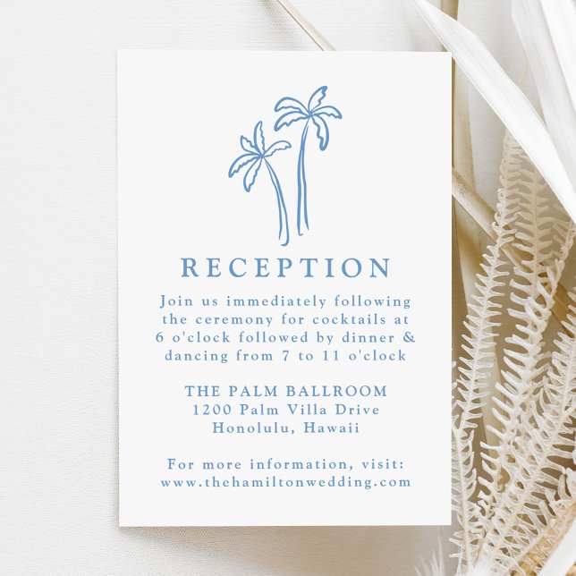 Hand-Drawn Blue Palm Trees Wedding Reception Enclosure Card (Creator Uploaded)