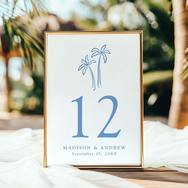 Hand-Drawn Blue Palm Trees Wedding Table Number (Creator Uploaded)