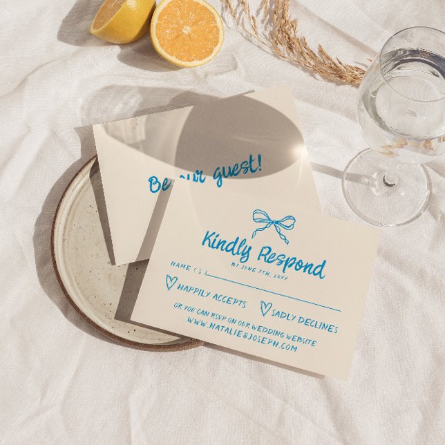 Hand Drawn Blue Retro Bow Modern Wedding     RSVP Card (Creator Uploaded)