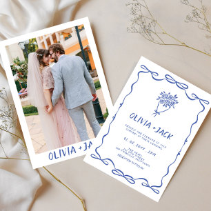 Hand Drawn Blue Retro Funky Vintage Photo Wedding Invitation