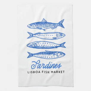 Hand Drawn Blue Sardines Tea Towel