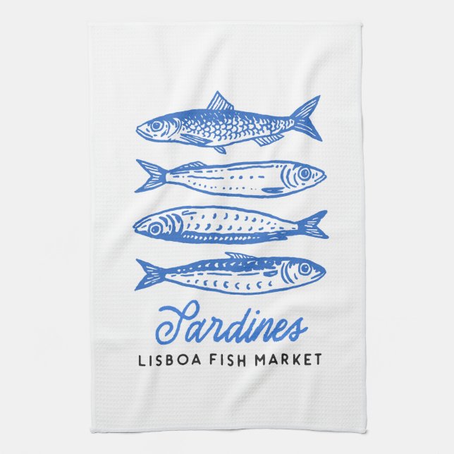 Hand Drawn Blue Sardines  Tea Towel (Vertical)