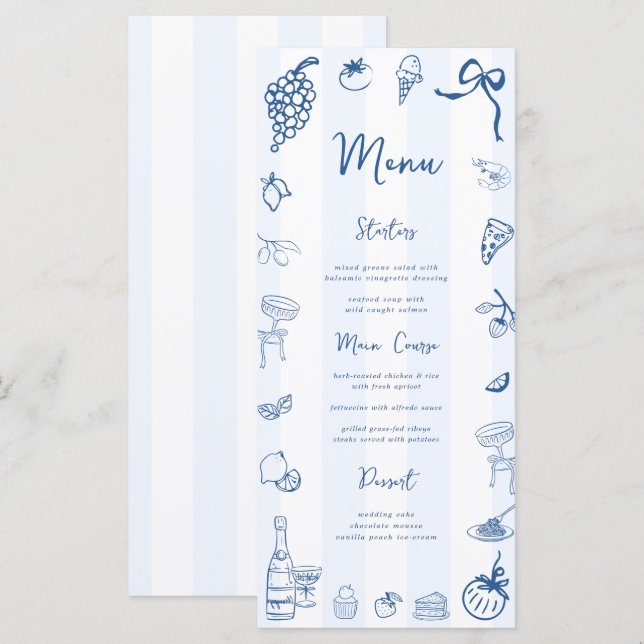 Hand Drawn Blue Stripes Italian Menu (Front/Back)
