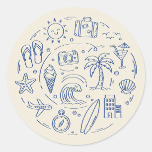 Hand-drawn Blue Summer Travel Vacation Doodles Classic Round Sticker