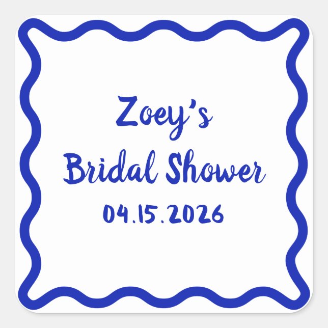Hand Drawn Blue Wavy Border Bridal Shower Cute Square Sticker (Front)