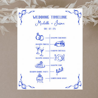 Hand Drawn Blue Wedding Itinerary Schedule Welcome Poster