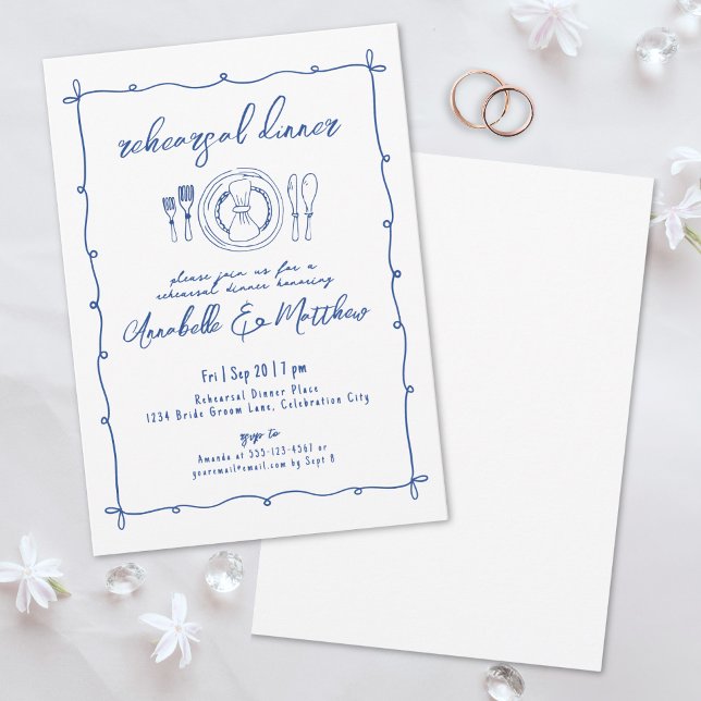 Hand Drawn Blue Wedding Rehearsal Dinner Invitation (Hand Drawn Blue Wedding Rehearsal Dinner Invitation)