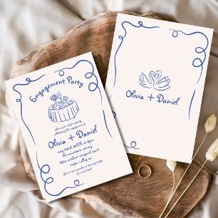 Hand Drawn Blue Whimsical Engagement Party Invitation
