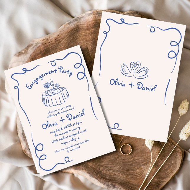 Hand Drawn Blue Whimsical Engagement Party Invitation (Creator Uploaded)