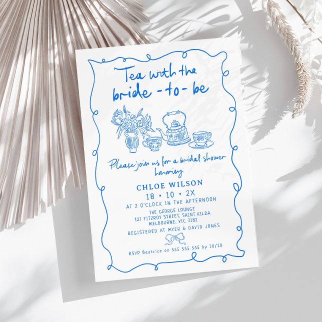 Hand Drawn Blue Whimsical Tea Bridal Shower  Invitation (Whimsical Hand Drawn Tea Bridal Shower Invitation Blue,
Tea Bride to Be Bridal Shower, Tea cups)