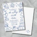 Hand Drawn Blue Whimsical Wedding Invitation<br><div class="desc">European Inspired Blue and White Hand Drawn Quirky Sketches Whimsical Wedding Invitation. Perfect for couples seeking a creative, lighthearted touch with a European flair, this playful design stands out with a dynamic arrangement of large hand-drawn illustrations surrounding the text and flowing off the edges for an artistic and modern look....</div>