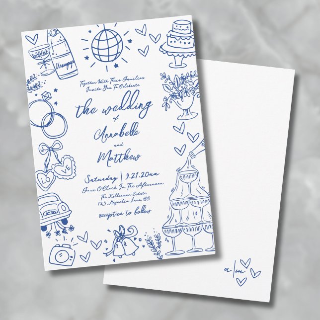 Hand Drawn Blue Whimsical Wedding Invitation (Hand Drawn Bue Whimsical Wedding Invitation)