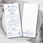 Hand Drawn Blue Whimsical Wedding Menu<br><div class="desc">European Inspired Blue and White Whimsical Wedding Dinner Menu. This enchanting wedding menu card features a charming design inspired by Italian, French, and European aesthetics. A hand-drawn place setting illustration graces the top, while a champagne bottle and glass at the bottom are accented with scattered hearts for a romantic and...</div>