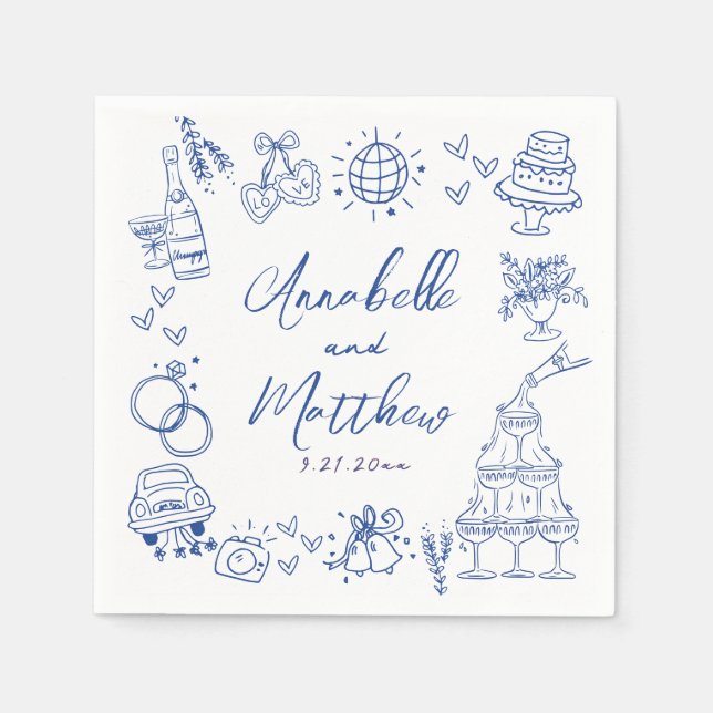 Hand Drawn Blue Whimsical Wedding Napkin (Front)