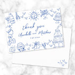 Hand Drawn Blue Whimsical Wedding Thank You Card<br><div class="desc">European Inspired Blue and White Hand-Drawn Whimsical Wedding Thank You Card. This playful and heartfelt thank you card features a charming design inspired by European sketches, perfect for couples who want a fun and unique way to express their gratitude. The front showcases hand-drawn illustrations in black and white with blue...</div>