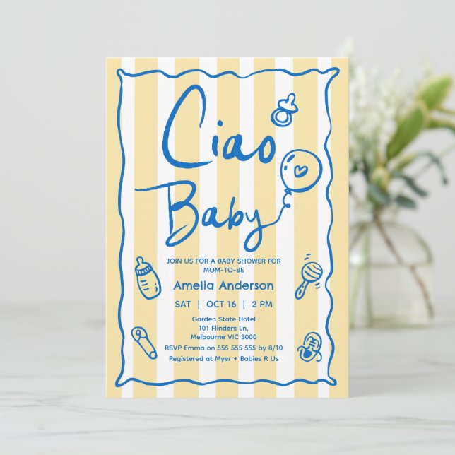 Hand Drawn Blue Yellow Ciao Baby Baby Shower Invitation (Standing Front)