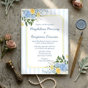 Hand Drawn Blue Yellow Floral Stripe Wedding Invitation