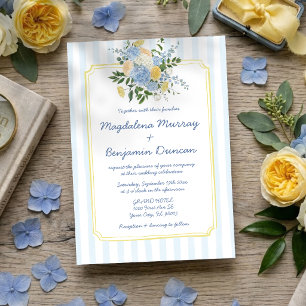 Hand Drawn Blue Yellow Floral Stripe Wedding Invitation