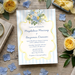 Hand Drawn Blue Yellow Floral Stripe Wedding Invitation