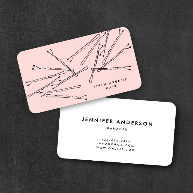 Hand-Drawn Bobby Pins Pink & Black Hair Stylist   Business Card (Creator Uploaded)