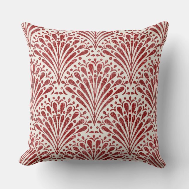 Hand Drawn Bohemian Scallops, Red on Cream Cushion (Front)