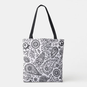 Hand-drawn boho floral motifs with paisley tote bag