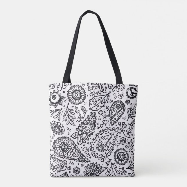 Hand-drawn boho floral motifs with paisley tote bag (Back)