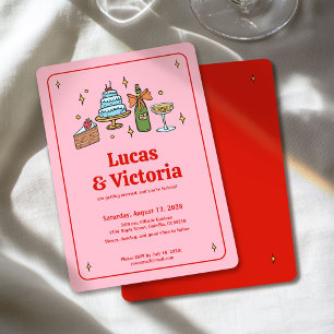 Hand Drawn Bold Red and Pink Whimsical Wedding Invitation