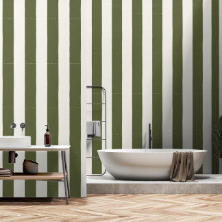 Hand-Drawn Bold Stripe in Ivory & Army Green Wallpaper