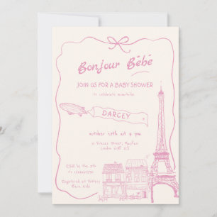  Hand Drawn Bonjour Bebe French Pink Baby Shower Invitation