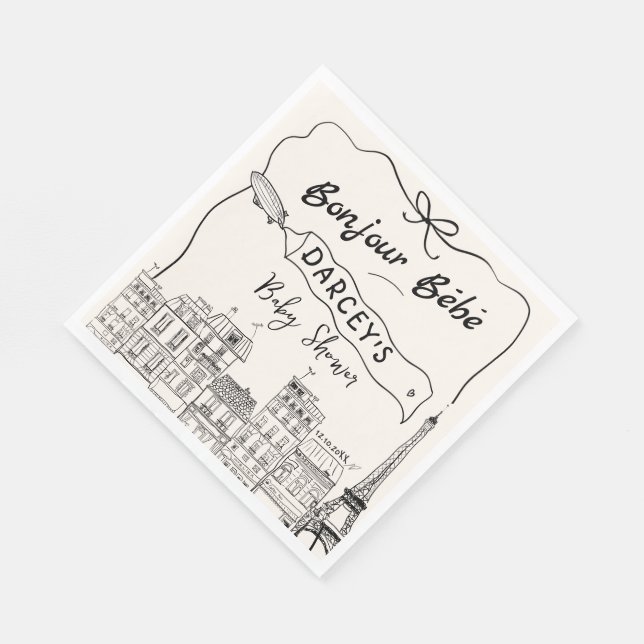   Hand Drawn Bonjour French Baby Shower Welcome  Napkin (Corner)