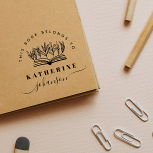 Hand-drawn Book Flowers Elegant Script Library Rubber Stamp