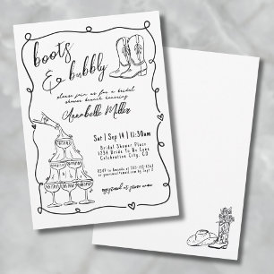 Hand Drawn Boots And Bubbly Bridal Shower Invitation