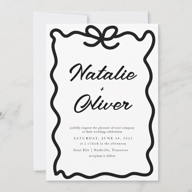 Hand Drawn Border Bow Black and White Wedding Invitation (Front)