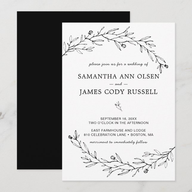 Hand-Drawn Botanical Black and White Wedding Invitation (Front/Back)