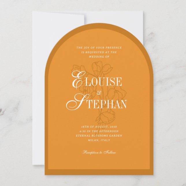 Hand Drawn Botanical Burnt Orange Arch Wedding Invitation (Front)