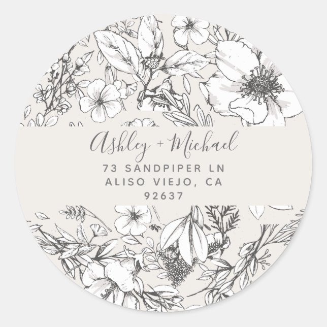 HAND-DRAWN BOTANICAL Stylish Modern Blush Floral Classic Round Sticker (Front)