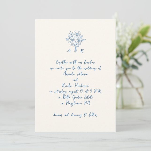 Hand Drawn Bouquet Monogram Handwriting Wedding Invitation (Standing Front)