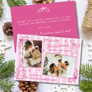 Hand Drawn Bow 2 Photo Pink Stripe Merry Christmas Holiday Card