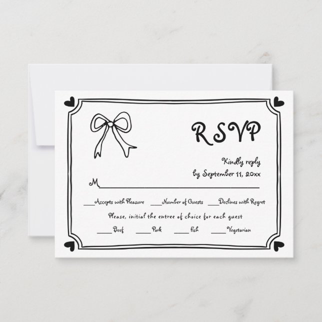  Hand drawn bow and border whimsical wedding RSVP Card (Front)