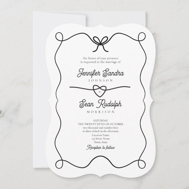 Hand Drawn Bow Black and White Wedding Invitation (Front)