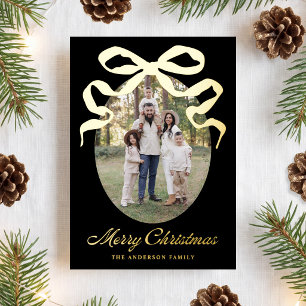 Hand-Drawn Bow Black Merry Christmas 5 Photo Foil Holiday Card